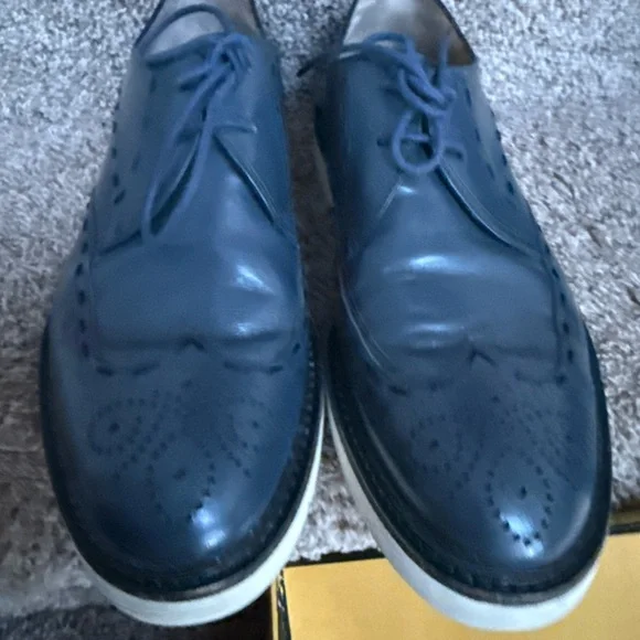 Fendi Navy Leather Oxfords with White Soles - zanucart.com